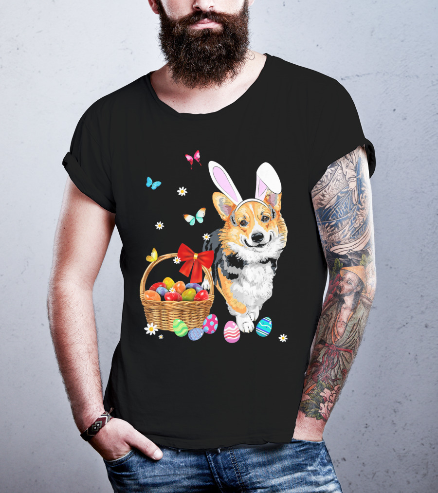 Welsh Corgi Bunny Ear Rabbit Easter Eggs Basket Butterflies T-Shirt