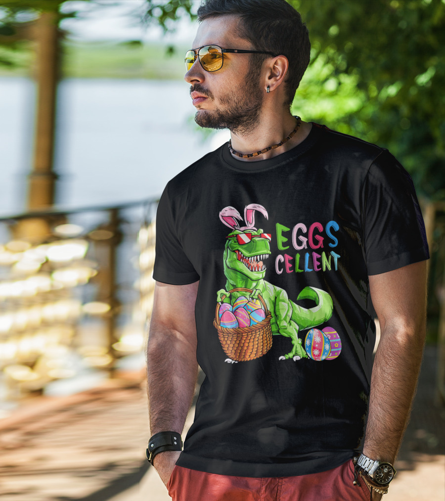 EGGS-cellent Green Dinosaur With Bunny Ears And Easter Eggs T-Shirt