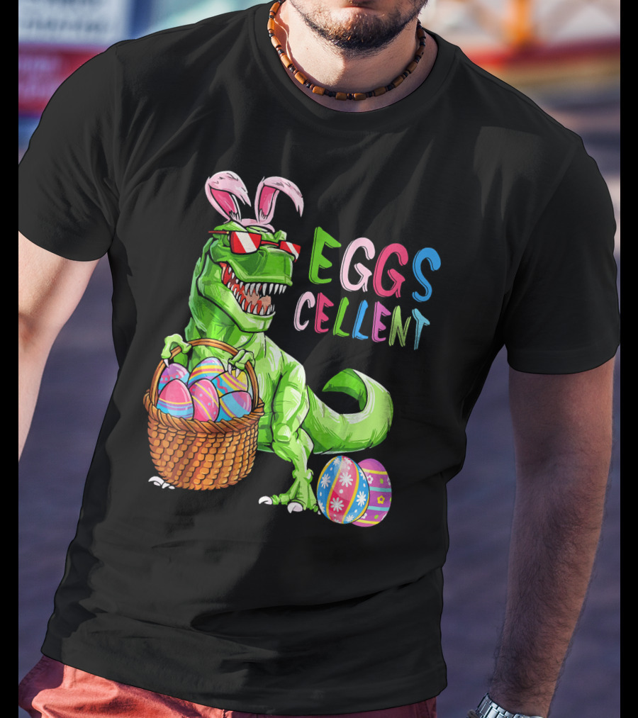 EGGS-cellent Green Dinosaur With Bunny Ears And Easter Eggs T-Shirt