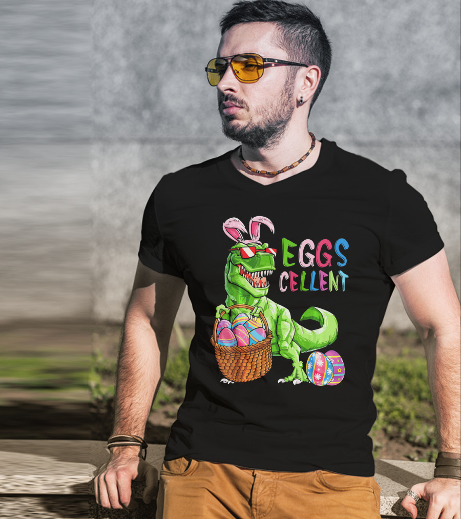 EGGS-cellent Green Dinosaur With Bunny Ears And Easter Eggs T-Shirt