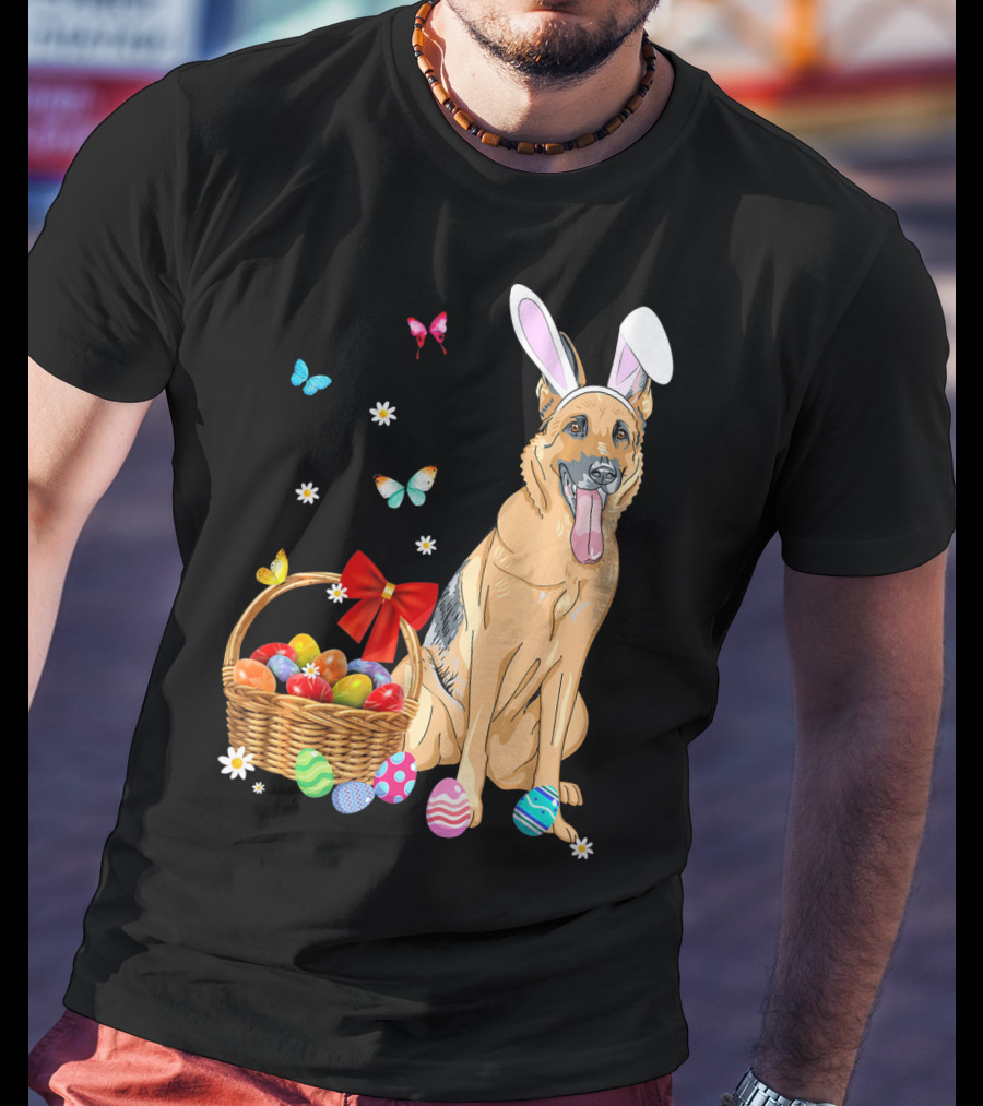 German Shepherd Bunny Ears Rabbit Easter Eggs Basket Butterflies T-Shirt