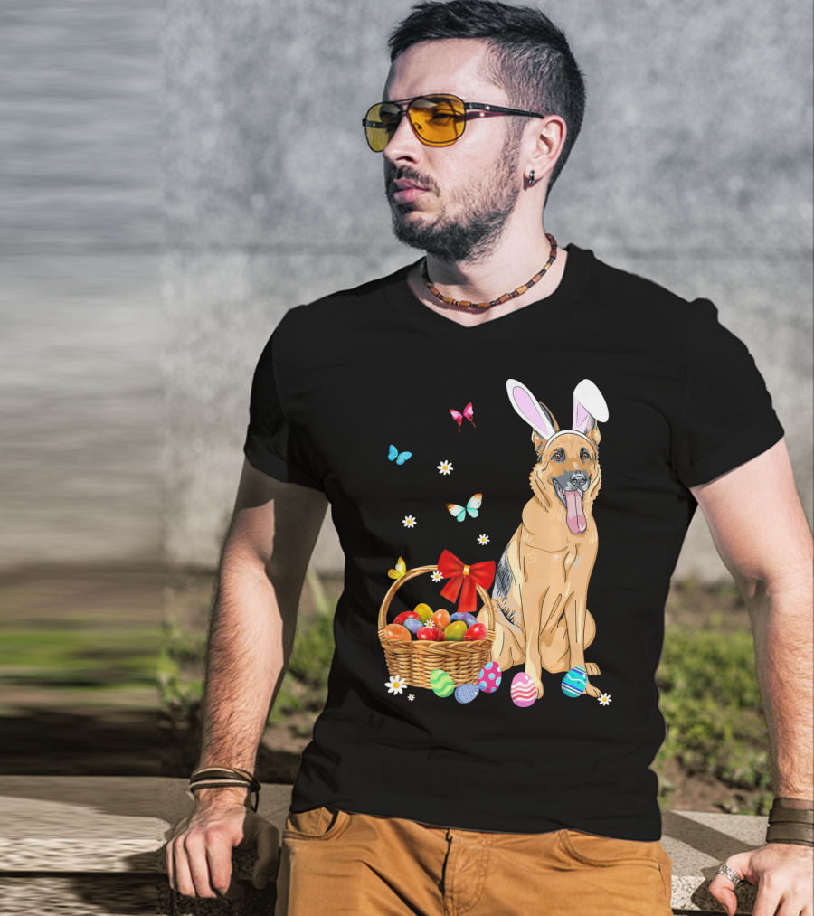 German Shepherd Bunny Ears Rabbit Easter Eggs Basket Butterflies T-Shirt