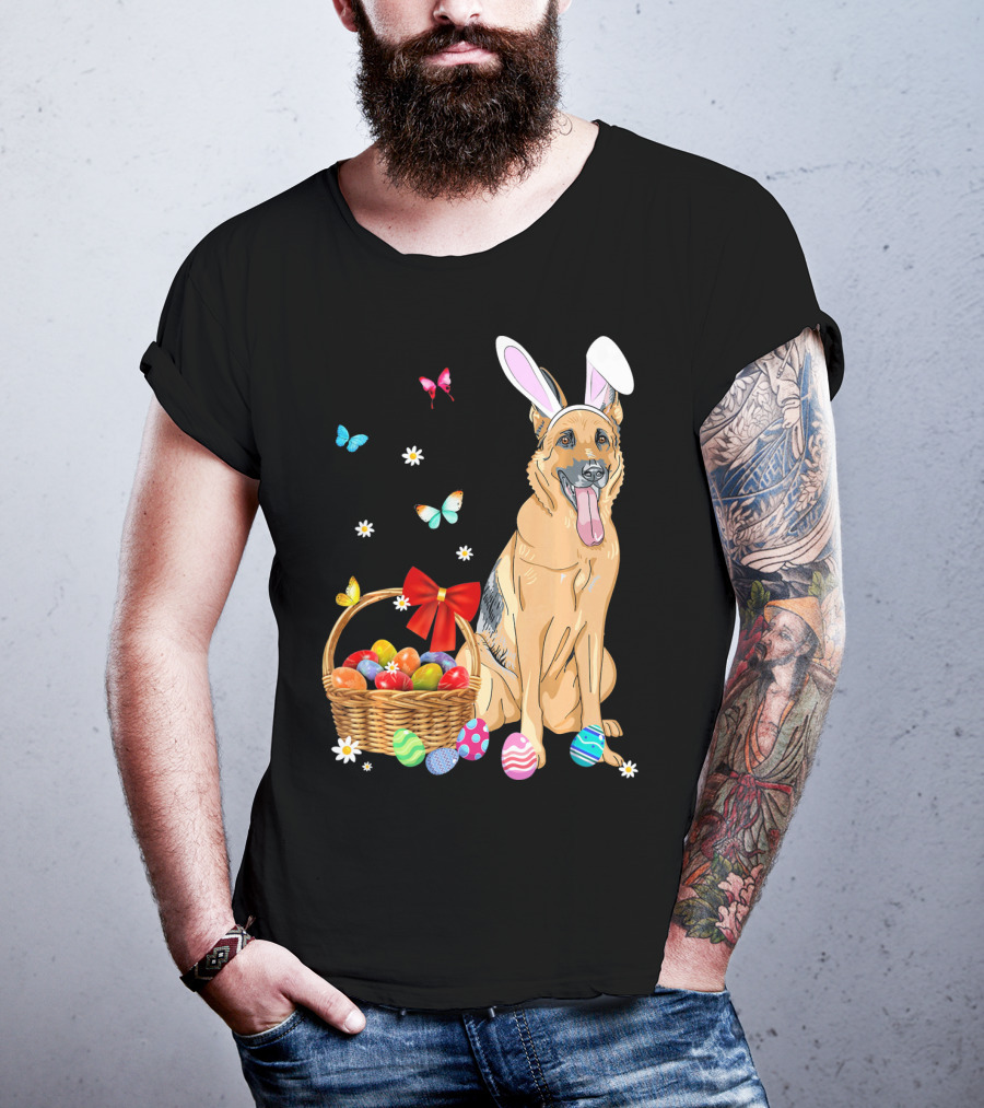 German Shepherd Bunny Ears Rabbit Easter Eggs Basket Butterflies T-Shirt