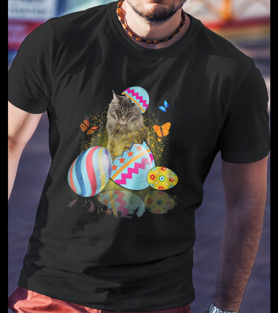 Funny Cat With Colorful Easter Eggs And Butterflies For Cat Lovers T-Shirt