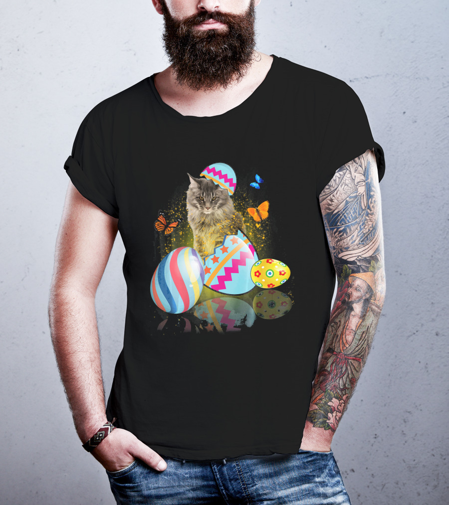 Funny Cat With Colorful Easter Eggs And Butterflies For Cat Lovers T-Shirt