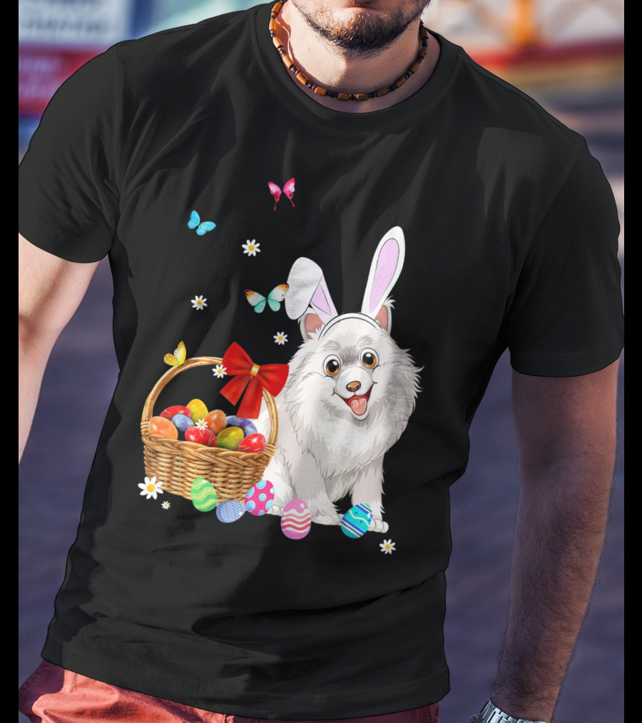 Samoyed Bunny Ear Rabbit Easter Eggs Basket Butterflies T-Shirt