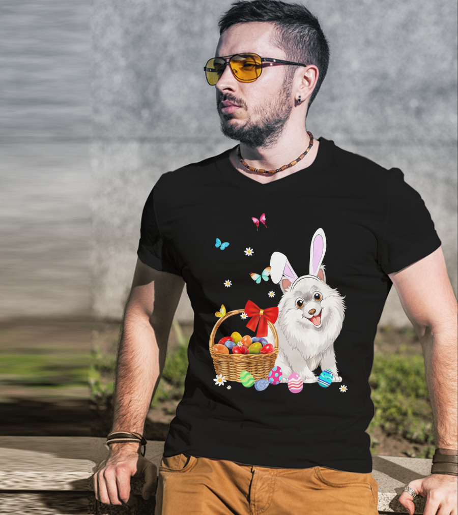 Samoyed Bunny Ear Rabbit Easter Eggs Basket Butterflies T-Shirt
