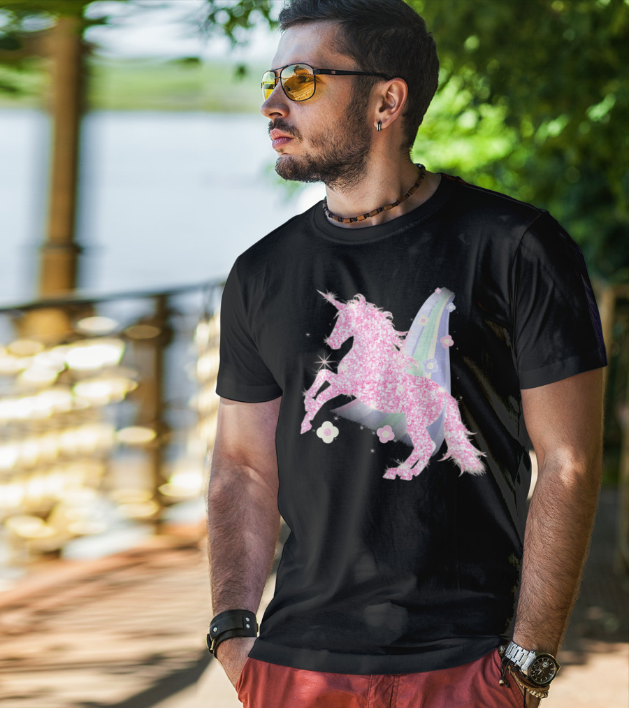 Pink Sparkle Unicorn With Easter Flowers And Rainbow Mane T-Shirt