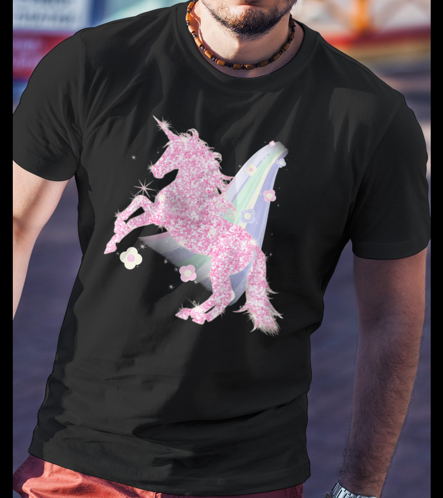 Pink Sparkle Unicorn With Easter Flowers And Rainbow Mane T-Shirt