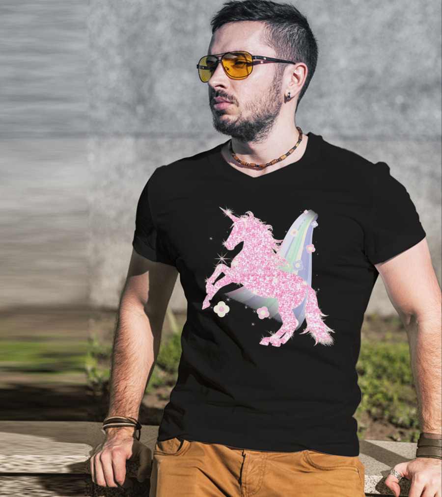 Pink Sparkle Unicorn With Easter Flowers And Rainbow Mane T-Shirt