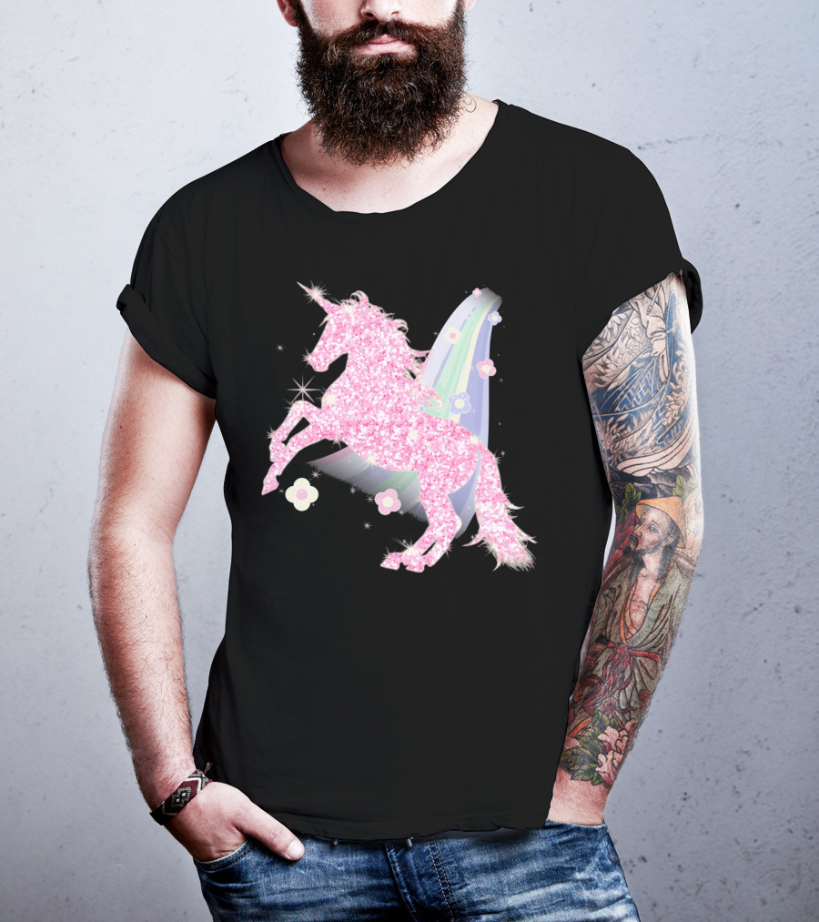 Pink Sparkle Unicorn With Easter Flowers And Rainbow Mane T-Shirt