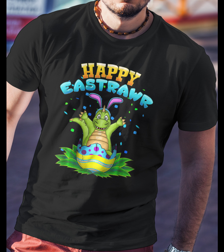 Happy Eastrawr Dinosaur In Easter Egg With Bunny Ears And Confetti T-Shirt