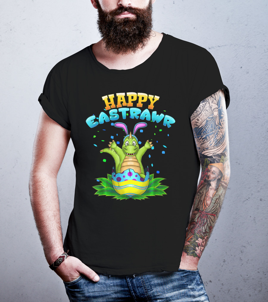 Happy Eastrawr Dinosaur In Easter Egg With Bunny Ears And Confetti T-Shirt