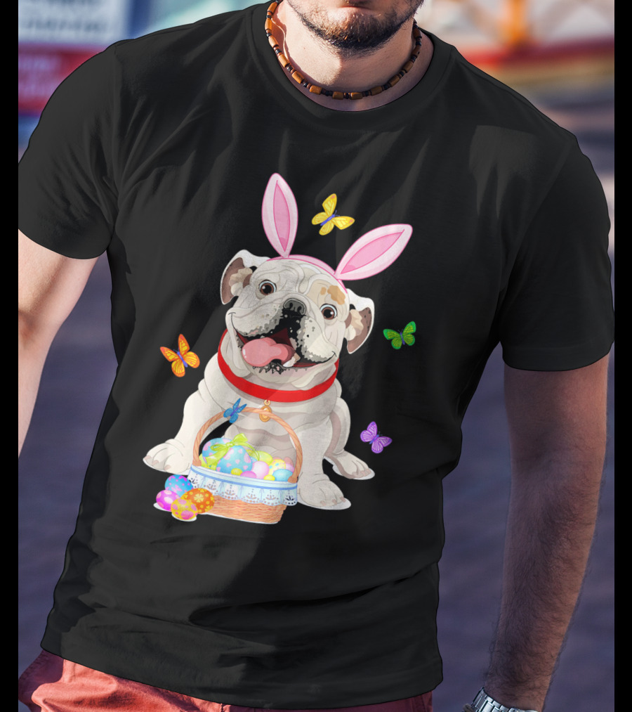 English Bulldog With Bunny Ears And Easter Egg Basket With Butterflies T-Shirt