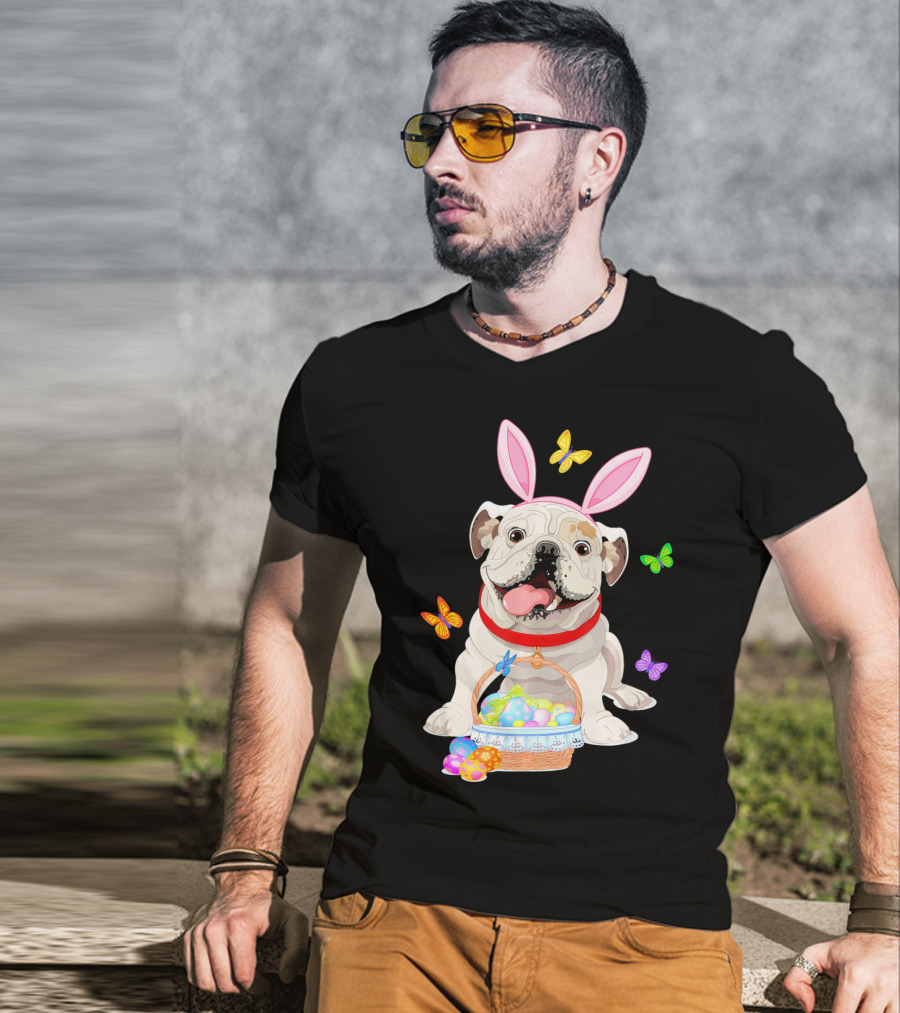 English Bulldog With Bunny Ears And Easter Egg Basket With Butterflies T-Shirt