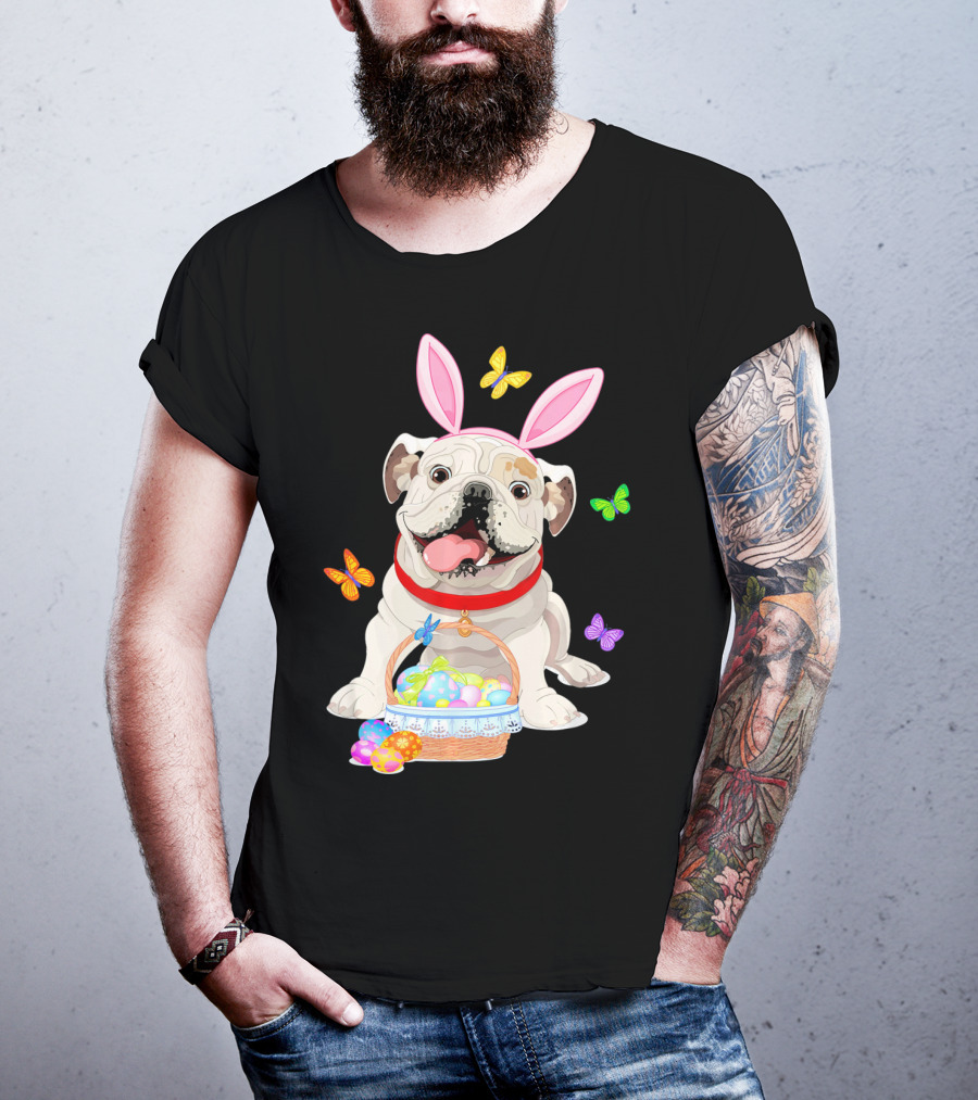 English Bulldog With Bunny Ears And Easter Egg Basket With Butterflies T-Shirt
