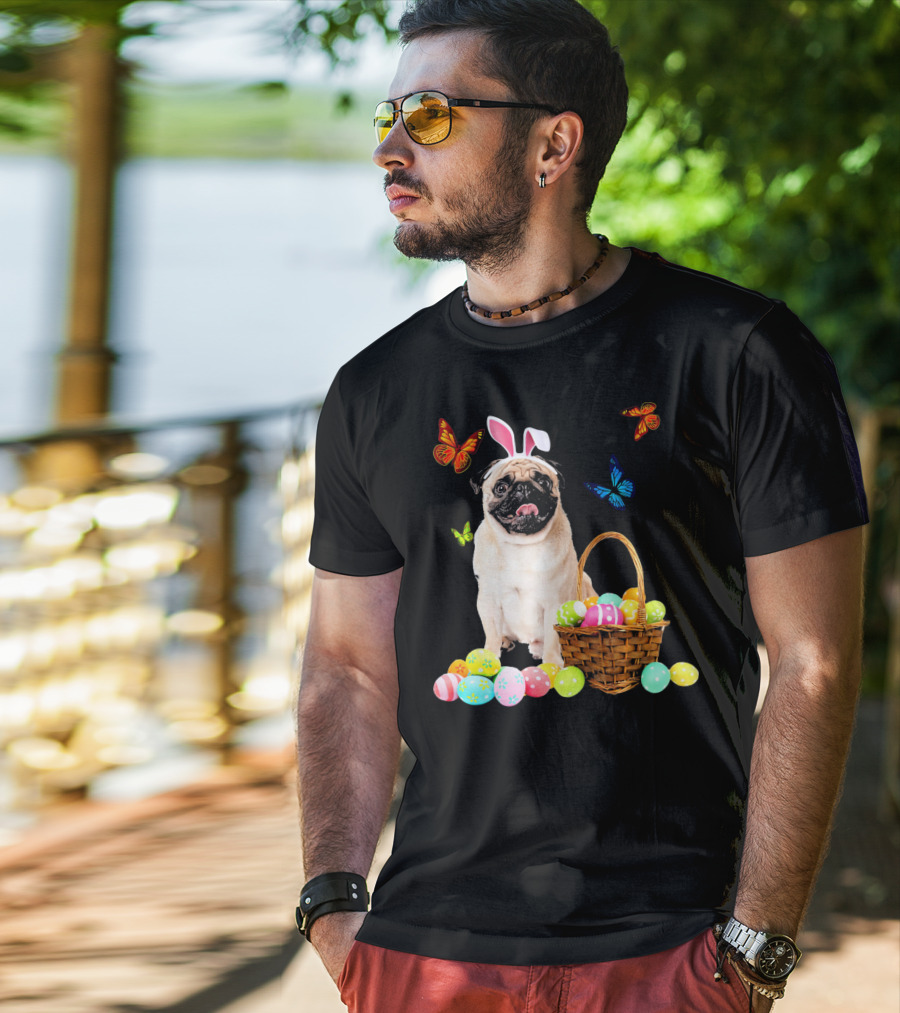 Pug With Bunny Ears And Easter Eggs With Colorful Butterflies T-Shirt