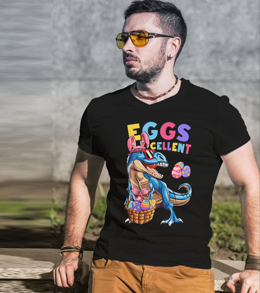 Eggs Cellent Dinosaur Easter Bunny Rex With Colorful Eggs T-Shirt