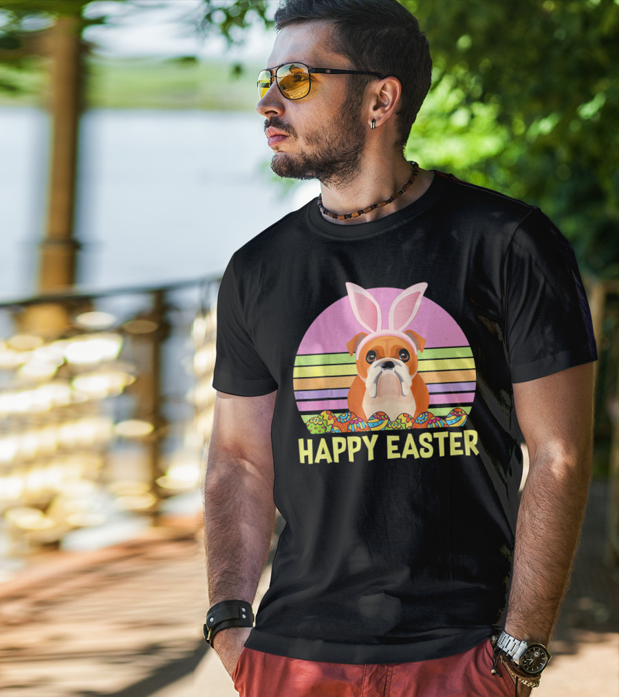 Happy Easter Day British Bulldog Bunny Ears Rainbow Eggs Retro T-Shirt