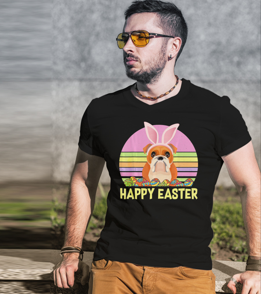 Happy Easter Day British Bulldog Bunny Ears Rainbow Eggs Retro T-Shirt