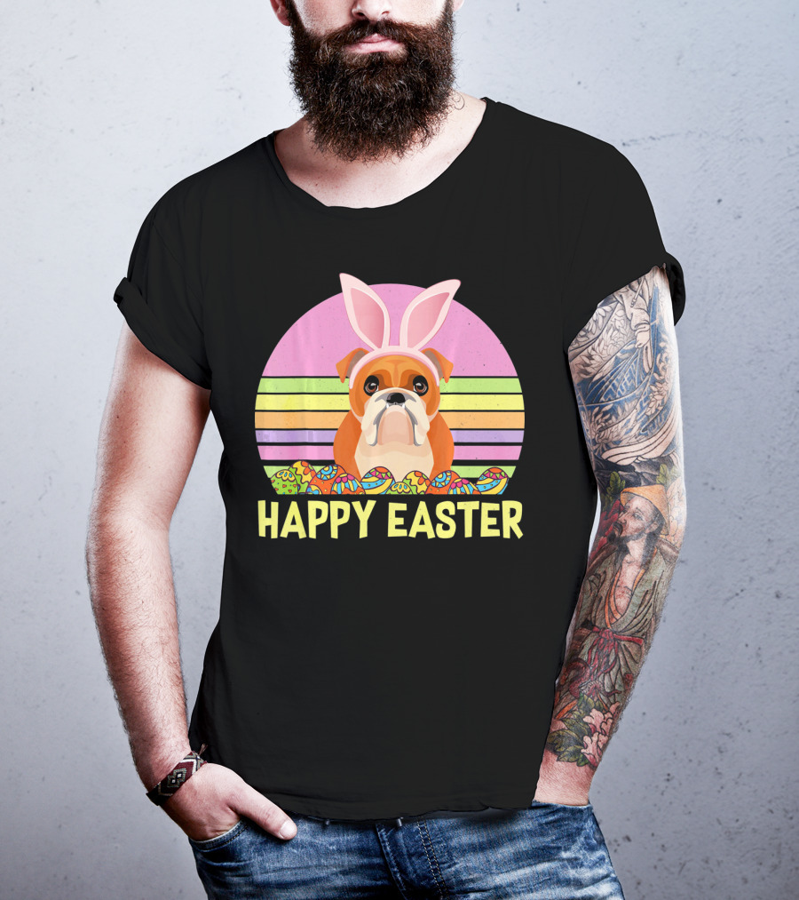 Happy Easter Day British Bulldog Bunny Ears Rainbow Eggs Retro T-Shirt