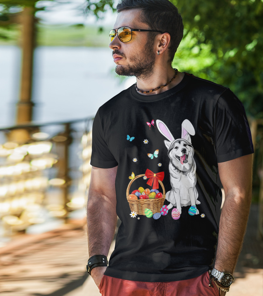 Siberian Husky Bunny Ears Easter Basket Eggs Butterflies T-Shirt