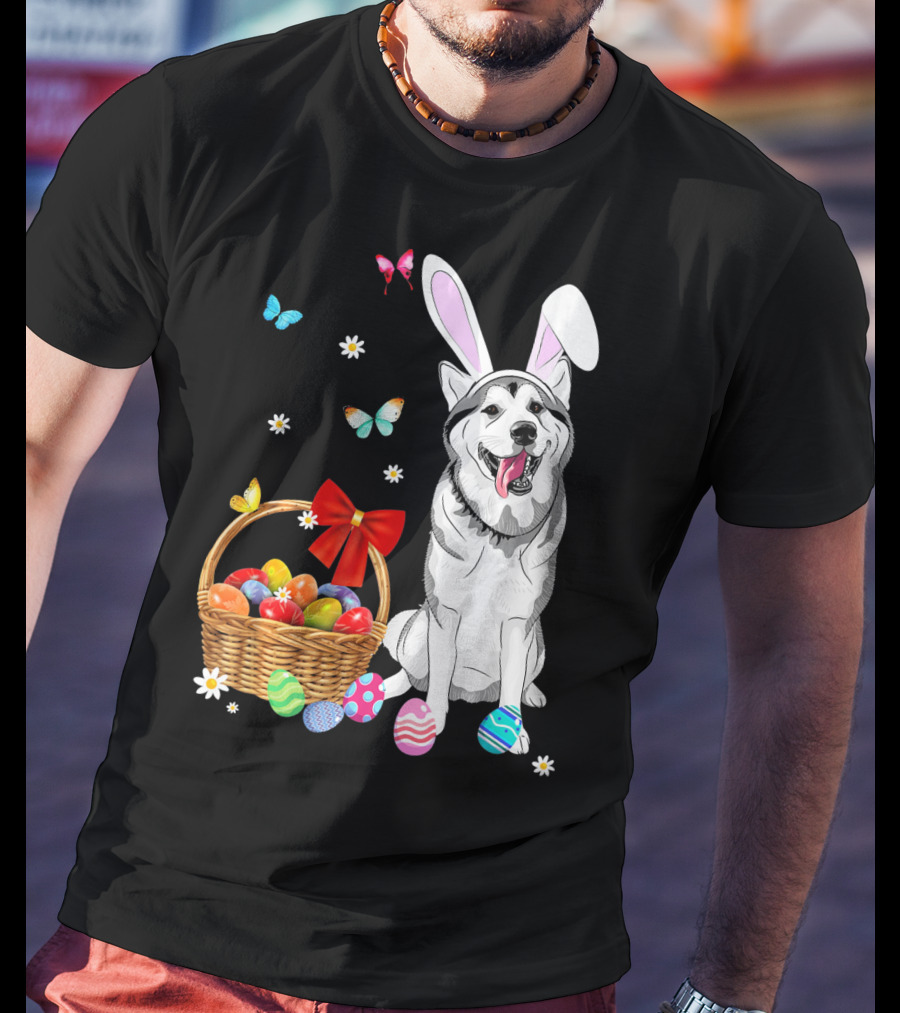 Siberian Husky Bunny Ears Easter Basket Eggs Butterflies T-Shirt