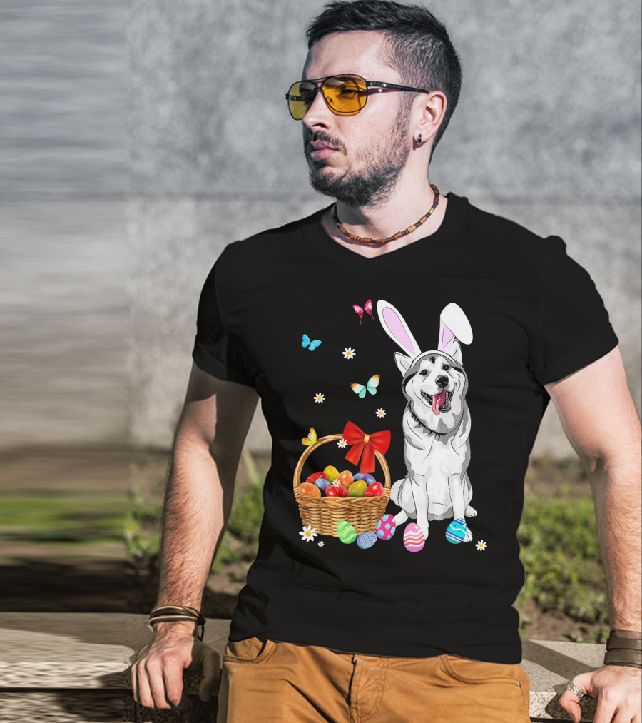 Siberian Husky Bunny Ears Easter Basket Eggs Butterflies T-Shirt