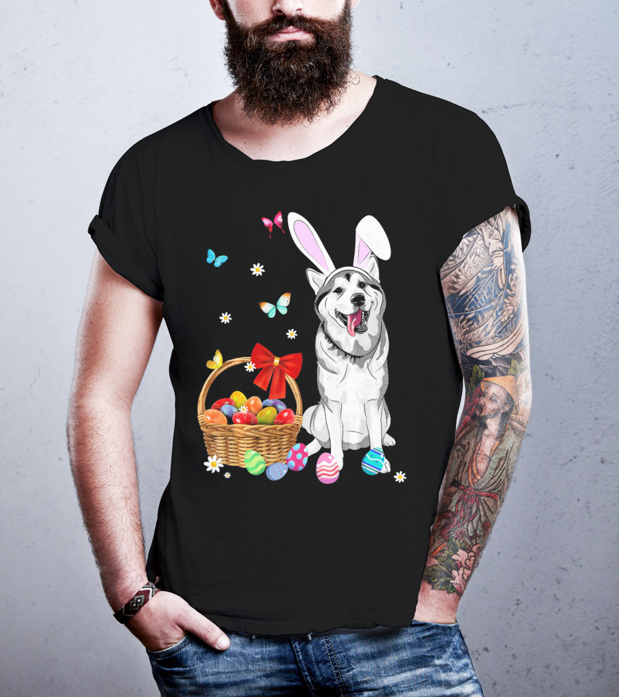 Siberian Husky Bunny Ears Easter Basket Eggs Butterflies T-Shirt