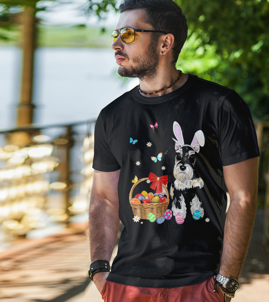 Miniature Schnauzer Bunny Ear With Easter Egg Basket And Butterflies T-Shirt