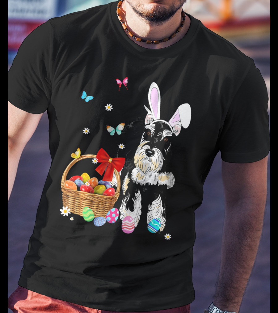 Miniature Schnauzer Bunny Ear With Easter Egg Basket And Butterflies T-Shirt