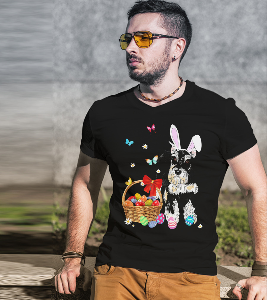 Miniature Schnauzer Bunny Ear With Easter Egg Basket And Butterflies T-Shirt