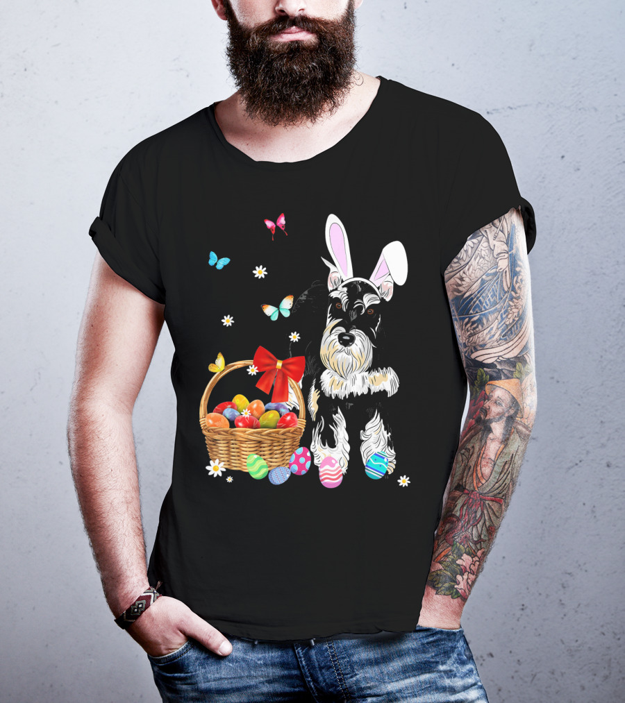 Miniature Schnauzer Bunny Ear With Easter Egg Basket And Butterflies T-Shirt