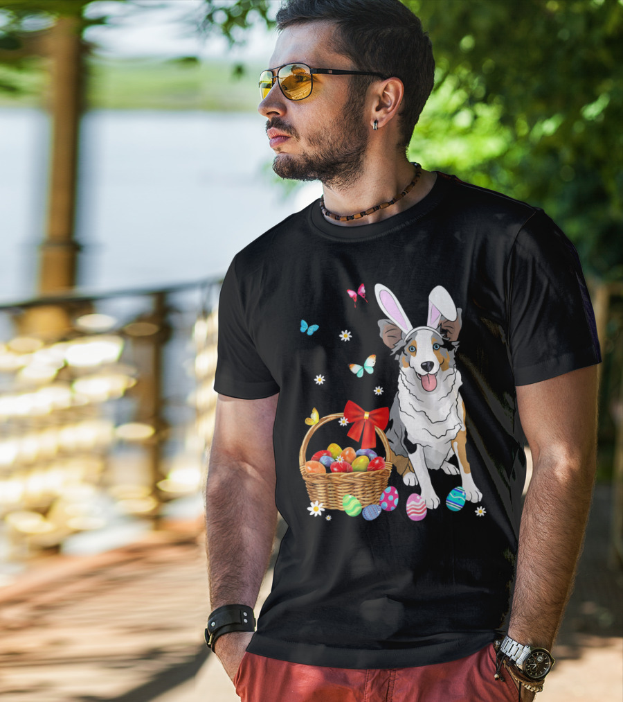 Australian Shepherd Bunny Ear Butterflies Basket Easter Egg Flowers T-Shirt