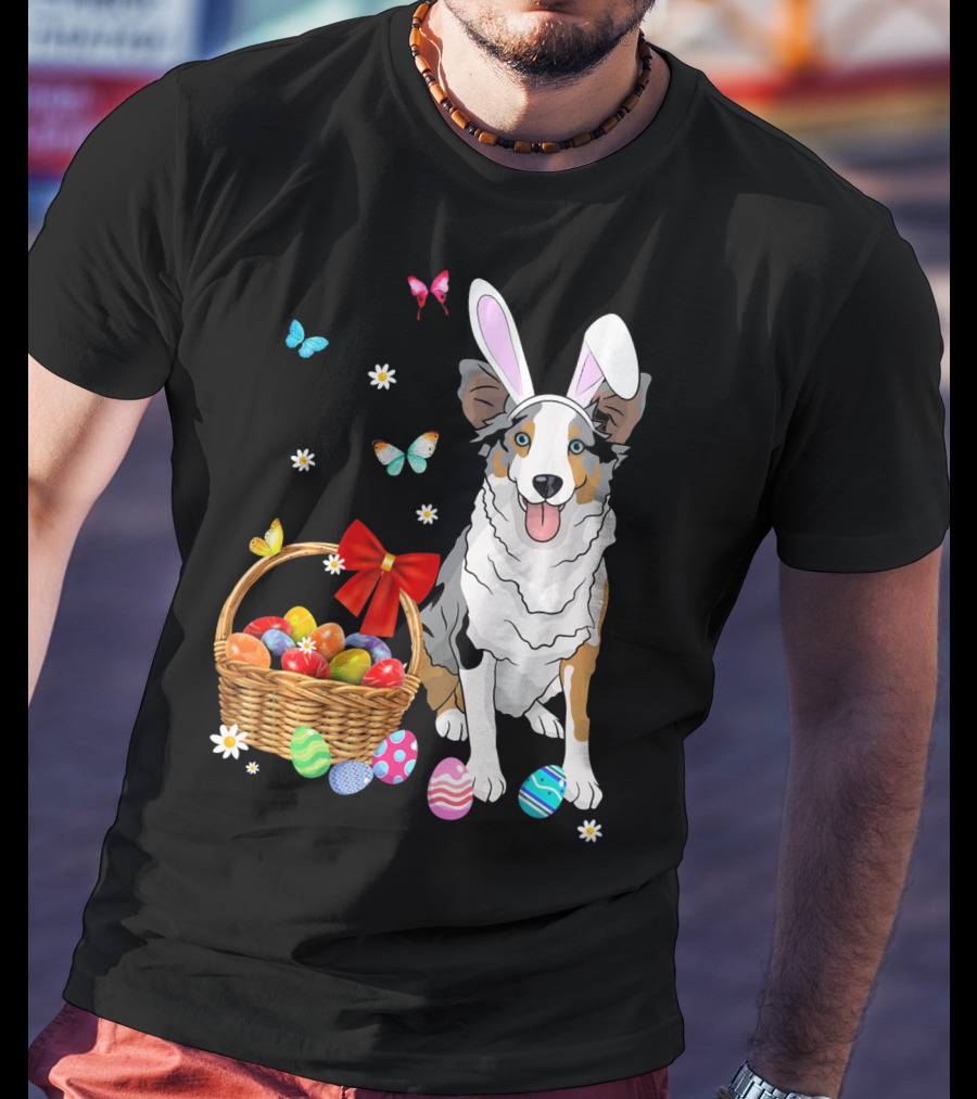 Australian Shepherd Bunny Ear Butterflies Basket Easter Egg Flowers T-Shirt