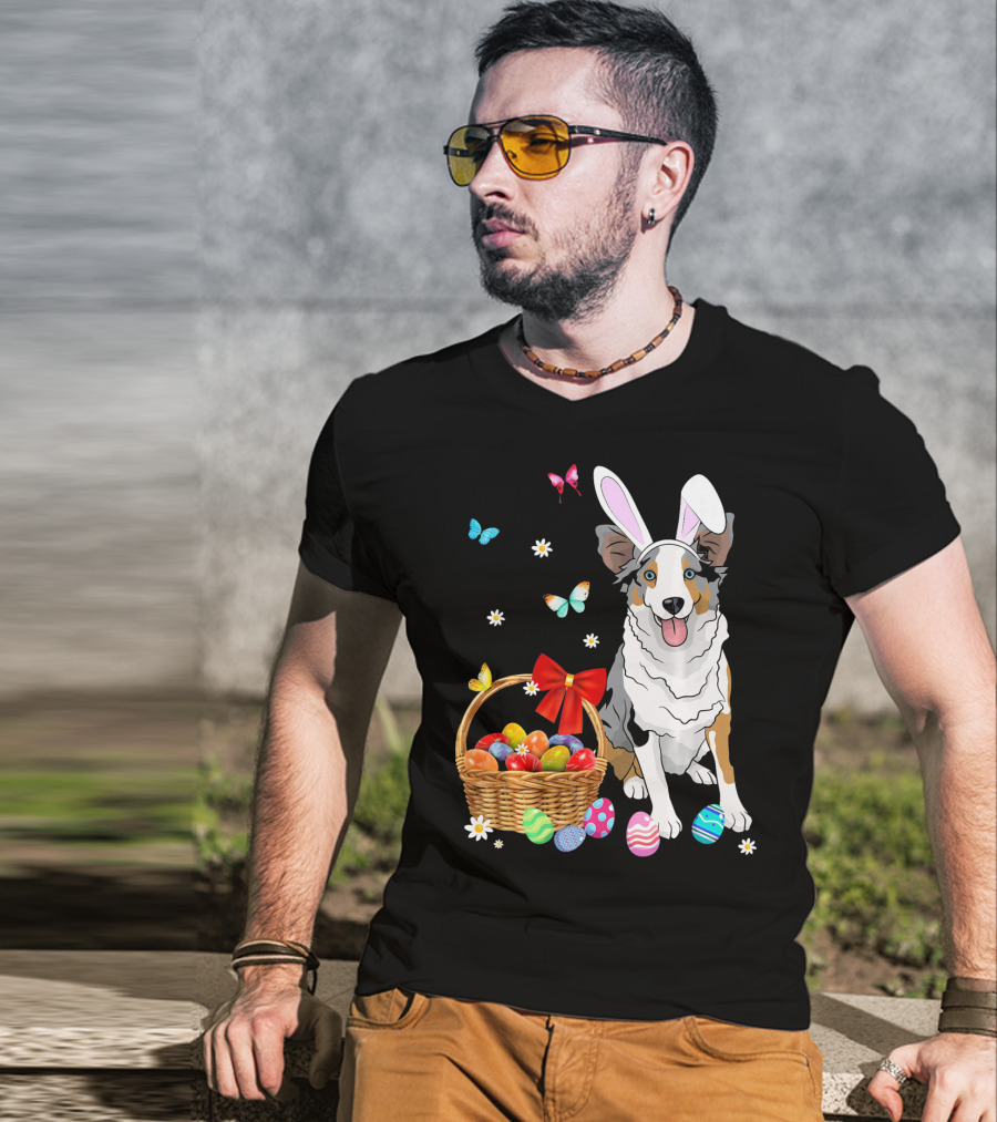 Australian Shepherd Bunny Ear Butterflies Basket Easter Egg Flowers T-Shirt
