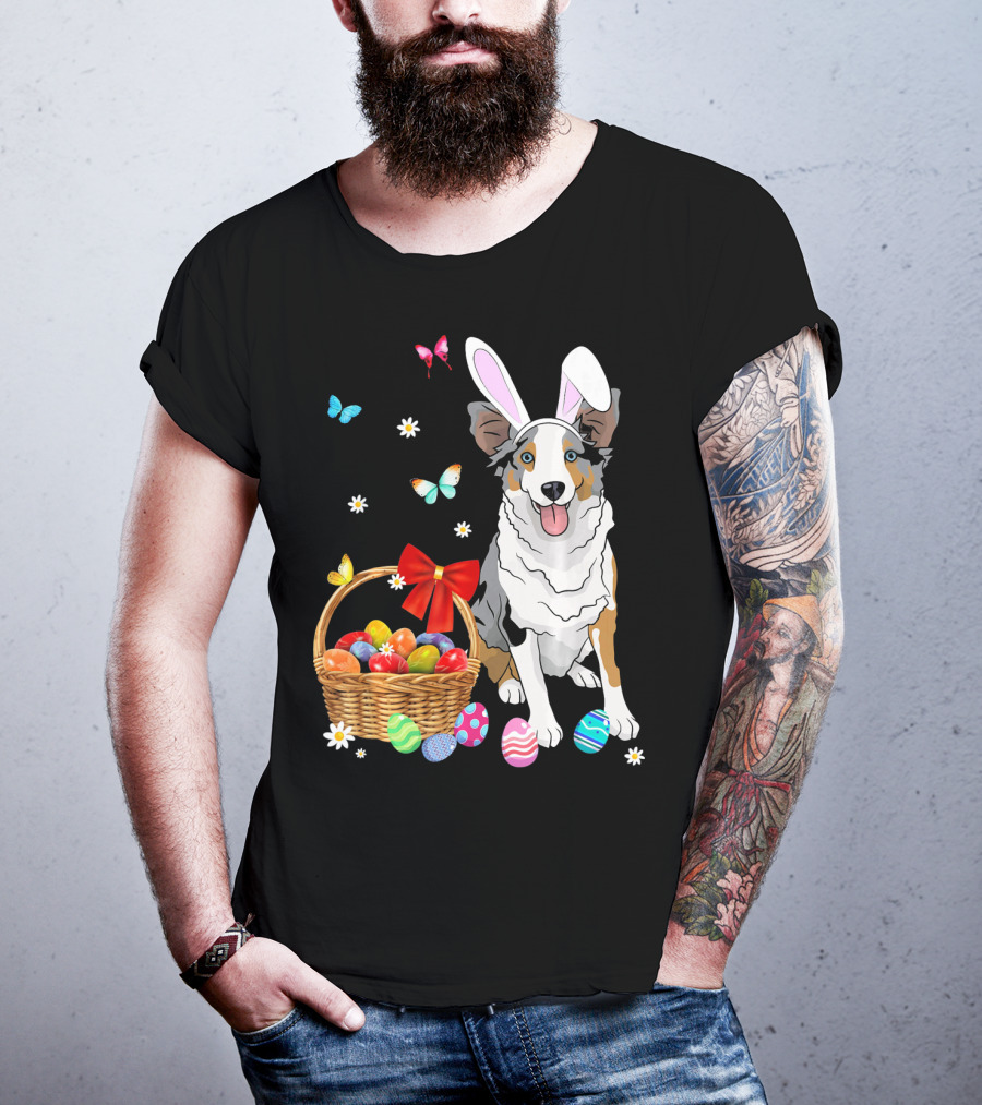 Australian Shepherd Bunny Ear Butterflies Basket Easter Egg Flowers T-Shirt