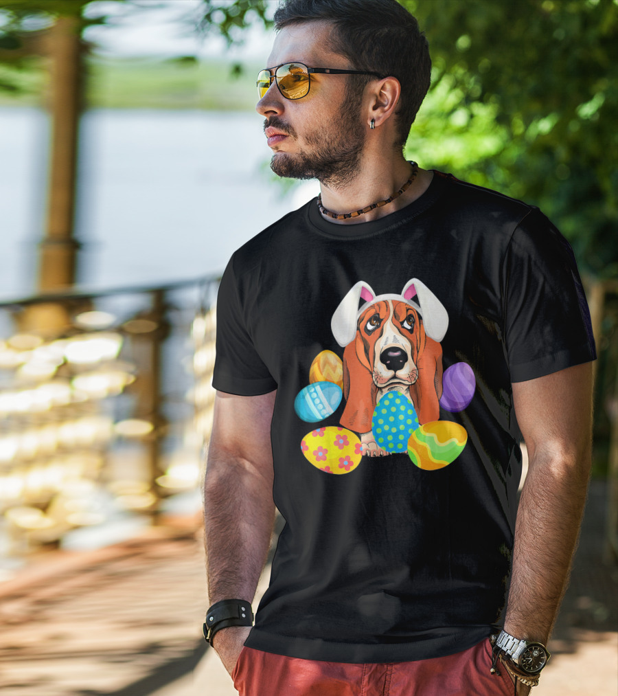 Basset Hound Bunny Rabbit Hat Easter Eggs Playful Scene T-Shirt