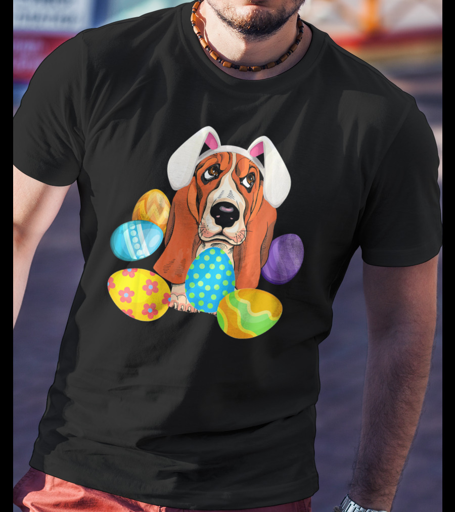 Basset Hound Bunny Rabbit Hat Easter Eggs Playful Scene T-Shirt