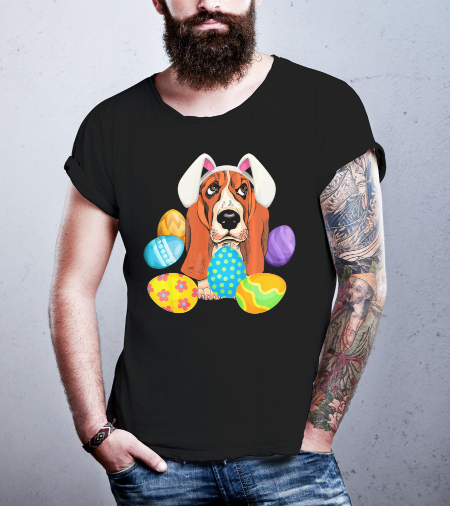 Basset Hound Bunny Rabbit Hat Easter Eggs Playful Scene T-Shirt