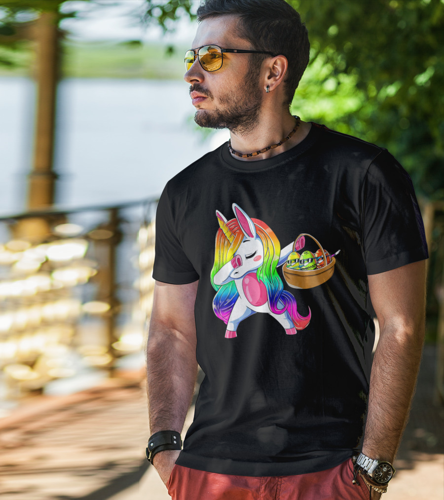 Girls Easter Unicorn Dabbing With Bunny Ear And Colorful Egg Basket T-Shirt