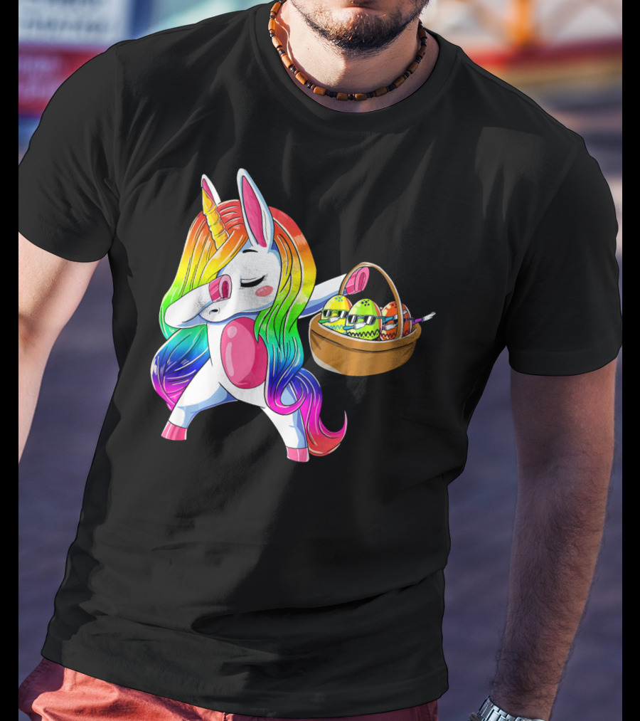 Girls Easter Unicorn Dabbing With Bunny Ear And Colorful Egg Basket T-Shirt