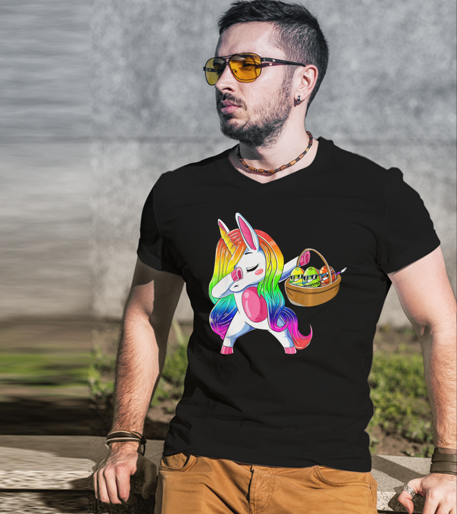 Girls Easter Unicorn Dabbing With Bunny Ear And Colorful Egg Basket T-Shirt