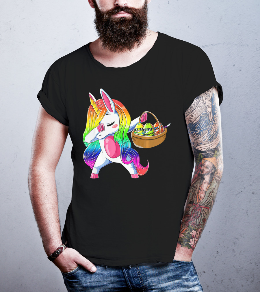 Girls Easter Unicorn Dabbing With Bunny Ear And Colorful Egg Basket T-Shirt