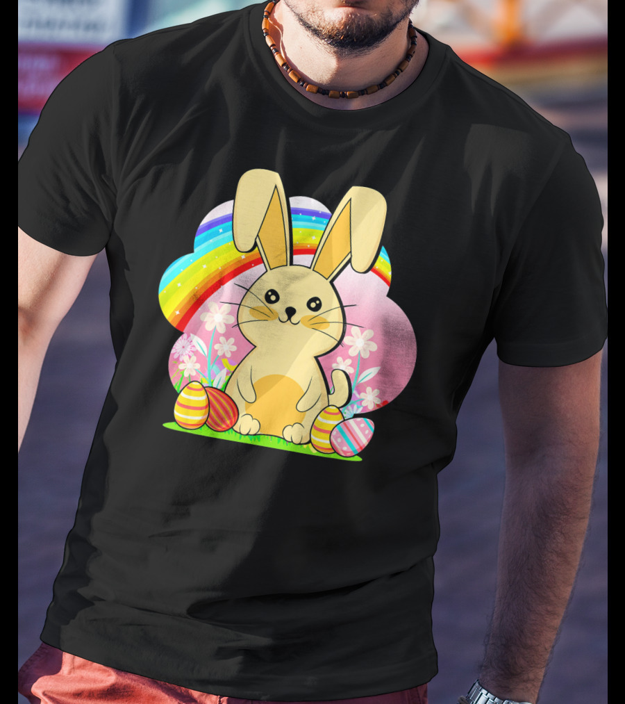 Easter Egg Bunny With Rainbow And Flowers T-Shirt