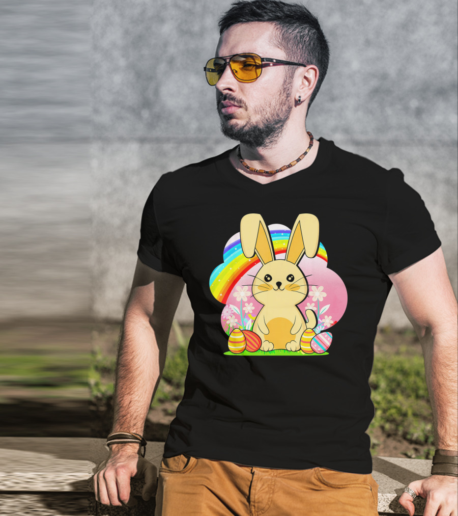 Easter Egg Bunny With Rainbow And Flowers T-Shirt