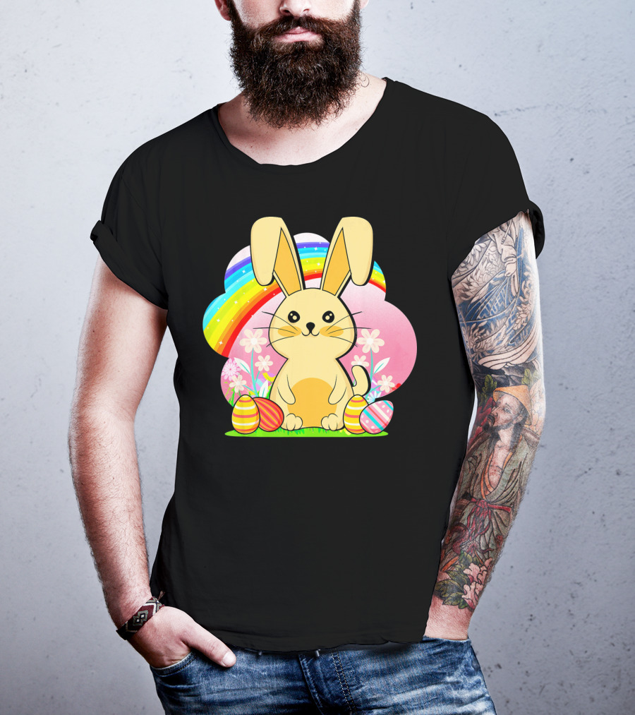 Easter Egg Bunny With Rainbow And Flowers T-Shirt