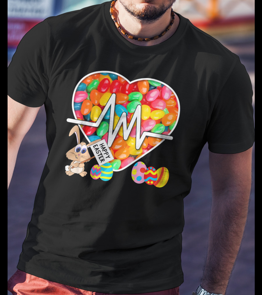 Nurses Easter Jellybean Heartbeat Happy Easter Bunny Eggs T-Shirt