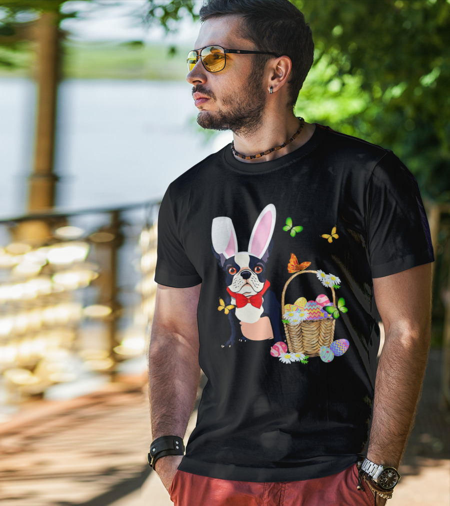 French Bulldog Bunny Hat Rabbit Easter Basket Eggs Butterflies T-Shirt