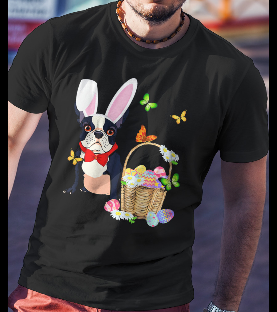 French Bulldog Bunny Hat Rabbit Easter Basket Eggs Butterflies T-Shirt